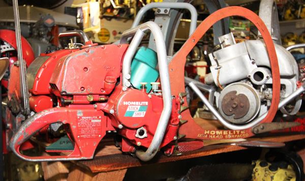 Homelite’s Stick Shift (model 770-GS) saw was introduced in 1962 and discontinued the following year. Technologically it was a step backward, a direct-drive era saw with a gearbox transmission and multiple gears.