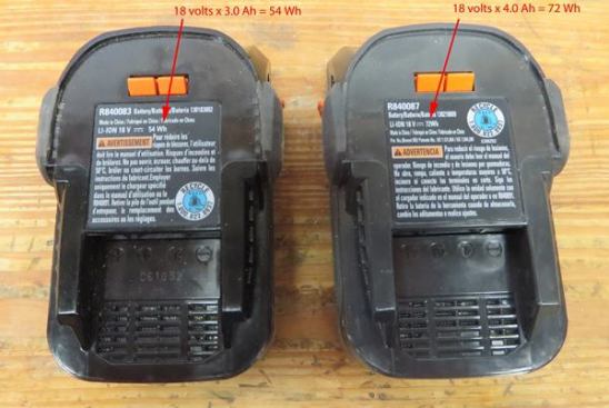 The one thing I remember from high school physics (maybe the only thing) is that Volts x Amps = Watts. That means Volts x Amp-hours - Watt-hours. The Watt-hour (Wh) ratings are printed on these packs so you can work backwards to the Ah ratings. The pack on the left is the older 3.0 Ah pack and the one on the right the newer 4.0 Ah pack