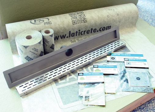 Manufactured by Laticrete International, the Hydro Ban linear drain body connects to the membrane section using Hydro Ban Waterproofing/Anti-Fracture Fabric that bridges between the setting bed and drain body.