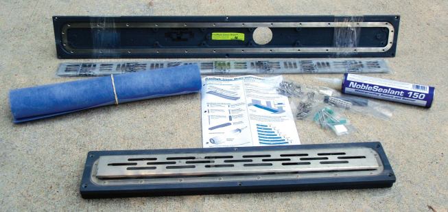 The Noble Co.’s FreeStyle linear drain kit includes the drain body, membrane flashing, a cartridge of sealant that’s compatible with the flashing, a drain grate, and hardware.