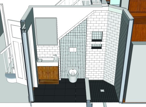 Using SketchUp, author Dan Lewis created a precise plan for the tiny bathroom that allowed him to size and place the fixtures accurately in the space.
