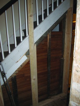 To maximize space in the bathroom, 2x4 framing was attached to the skirt board on the flat.