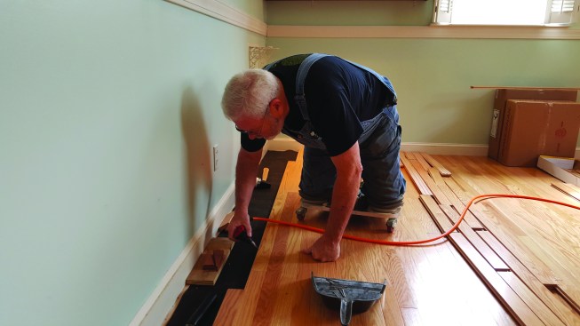 Near the far wall, the last few courses but one are hand-nailed.