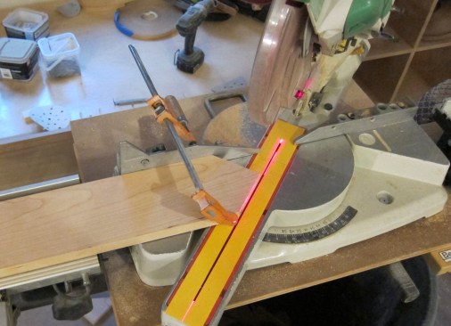 Micro-adjusting the saw’s cut angle was necessary to achieve absolute accuracy for all eight miter cuts on the underside trim.