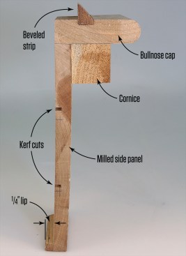 The fascia was composed of a 1x8 side panel (milled to obtain a 1/4-inch lip at the bottom and kerf cut to relieve cupping), a 2x2 “cornice,” a 1x3 bullnose cap, and a bevel strip dadoed into the cap, which directs LED strip lighting toward the ceiling.