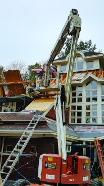 Because the home needed new roofing shingles, and because some sheathing was damaged and needed replacing, the owners
decided to repair the system from outside.