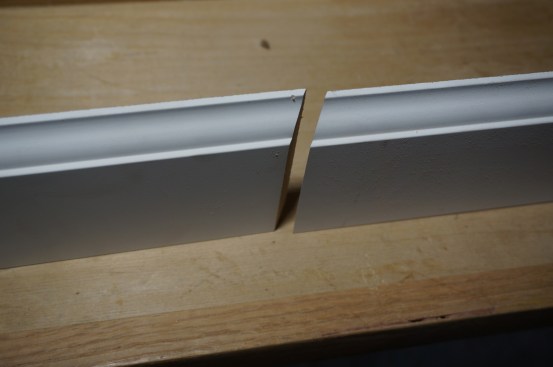 A scarf joint joins two pieces of trim end-to-end to make up a longer length. Mirror-image miter cuts are made on the ends of the boards, usually at 30°.