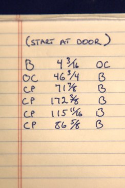 As measurements are taken they are recorded in a list in the same order that they will be cut and installed. The letters on the sides indicate the cuts that each piece will receive. "B" stands for butt cut, OC stands for outside corner and CP stands for a coped end.