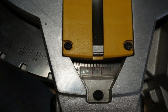 Outside corners are usually slightly more than 90°, so to split the angle, the author sets the miter saw at 46°.