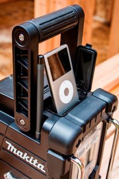 Media players can be connected to the radio by an auxiliary input and played through the speakers. Apple products (iPods and iPhones) can be plugged into a dock on the top of the unit and played or charged without the use of a cord.