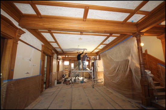 As part of renovating the building, new steel beams were installed in the basement at bearing wall locations and underneath a sagging first floor. The structural repair work contributed to the more-pronounced plaster damage to the first-floor level—particularly to the ceiling and walls in the main entry hall.