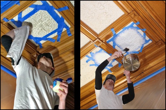 Intact motifs on the existing plaster ceiling were selected to make the replacement pieces. Here, William Bisson, masked off a “sun” motif with painter’s tape, then applied petroleum jelly to the existing painted surface to help release the impression from the ceiling (photo, left). He then brushed on several coats of flex wax over the motif to a minimum thickness of 3/32 of an inch (photo, right).