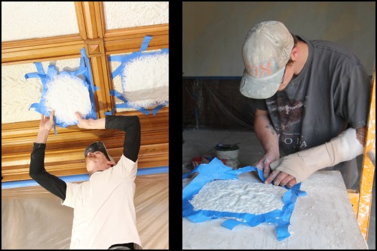Once hardened, the wax impression was removed from the ceiling (photo, left). Apprentice Derek Dawson, then removed the painter’s tape and prepped the wax negative for mold making (photo, right).