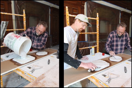 The fast-drying gauging plaster was poured over the wax impressions (photo, left), then leveled to create the mold’s saddle—a flat surface needed to make the thin, replacement pieces (photo, right). 