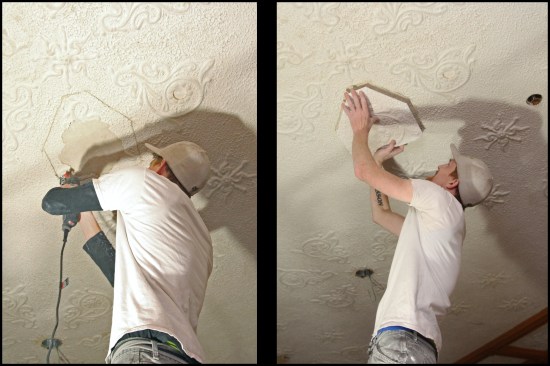 Here, a damaged floral motif was cut back to well-adhered, existing plaster with an oscillating multi-tool (photo, left). The damaged decorative finish coat was then scraped down to the existing base coat. The replacement piece was lined up to its desired location, scribed to the cut-back opening, then trimmed and dry-fit in place (photo, right).