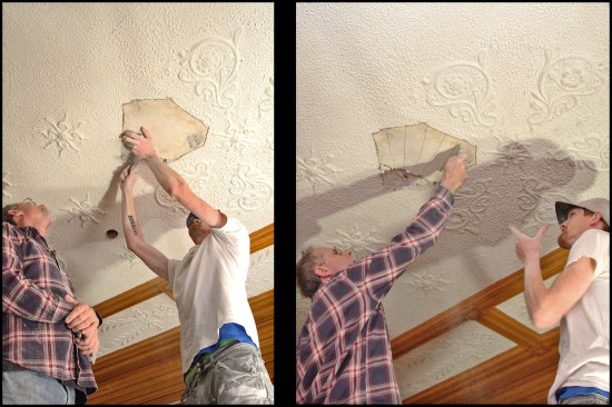 With the replacement piece sized and properly aligned, the base coat was removed down to the wooden lath. The edge of the remaining plaster was held in place while the base coat was carefully cut away (photo, left). The existing plaster was scored with a putty knife; the knife slowly cut through base coat (photo, right).