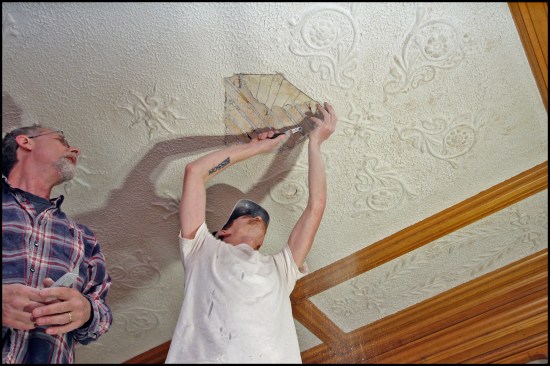 The existing ceiling was on the thin side (about 1/4 inch thick), which was unexpected given the robust nature of the mansion’s overall construction. The thin ceiling added to the degree of difficulty removing damaged portions of the ceiling and installing new replacement pieces.