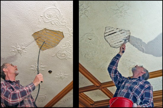 A bonding agent was used to adhere the new plaster pieces to the old, dusty lath. Before applying the bonding agent, the existing wood lath was wetted down using a pump sprayer (photo, left). “Plaster Bonder” by USG was applied to exposed lath (photo, right) and to the back of the replacement piece. The bonder takes about an hour to become dry and tacky.