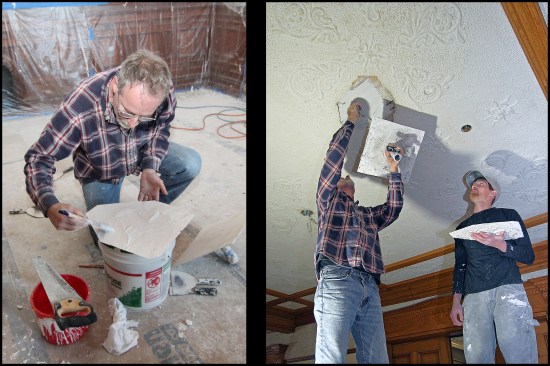 The bonder was applied to the back of the replacement piece (photo, left). To adhere the new decorative piece to the ceiling, a thin layer of plaster (mixed with a lot of gauging and just a small amount of lime in order for it to set quickly) was applied over the bonding agent (photo, right).