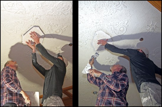 Setting the new pieces, they had to work fairly fast and know precisely where the new piece was located. Also, they had to apply the right amount of plaster fill to flush up the new piece with the existing ceiling (photo, left). While the replacement piece was being held in place, the excess plaster squeeze-out was pushed into any voids and tooled the edges (photo, right).