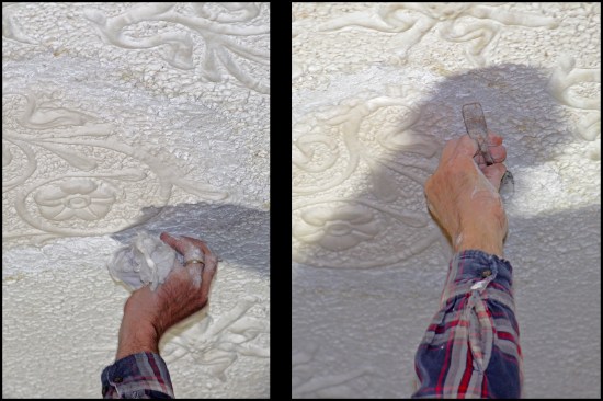 Because the existing ceiling was painted and lime putty cannot adhere to paint, the new touch-up work had to be feathered right up to the edge of the painted surface. While texturing to match the existing ceiling, excess plaster was wiped off the paint as they worked (photo, left). A rodding spatula was used to help texture the ceiling and scrape back the new plaster (photo, right). After the lime putty dried, parging (spackle) was applied over the hairline seam between the new plaster and the existing painted surface and sanded it smooth to cover the seam.