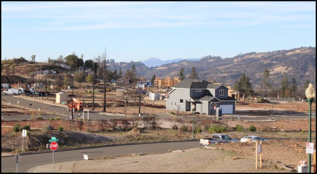 Above, a burned-out hillside in Rincon Ridge Park, an upscale Santa Rosa neighborhood where recovery has lagged behind progress in Coffey Park.