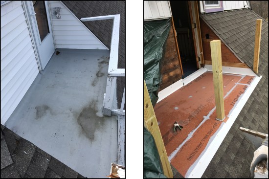 Wind-driven rain caused the homeās walkout deck above living space to leak at the roof-to-wall juncture (left). Instead of sealing the sheathing joints on this small upper-story deck with Zip tape, which would telegraph through the Acrylabs coating, workers troweled on a smooth layer of Sikaflex sealant (right).