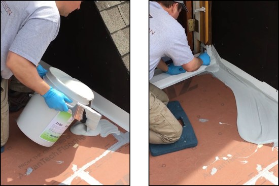 Starting out, the base coat material is poured onto the roof (left), then the coating can be applied by brush (right)ā¦