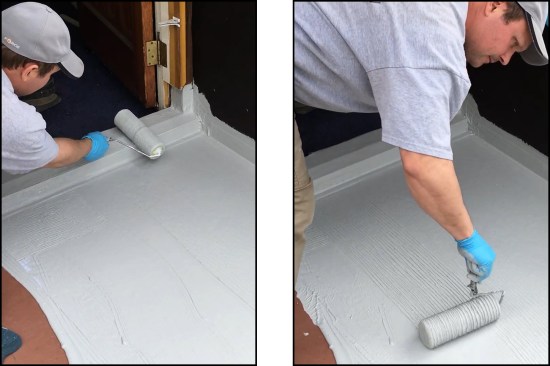ā¦the saturation coat is roller-applied to the door threshold (left) and main deck areas (right).