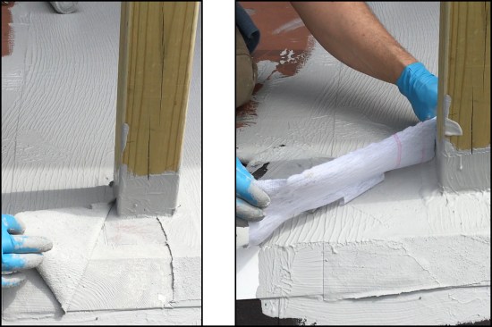 The field fabric is cut around the posts (which had already been flashed with copper) (left), then wrapped the upturned legs of the fabric with another narrower strip of fabric, which is precut at 3 1/2-inch intervals so that the legs would extend out over the field fabric (right).