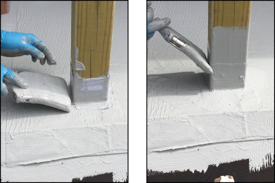 Additional base coat material is then brushed on to the roof (left) over the post flashing (right). Later, excess Acrylabs can be sanded smooth prior to painting.