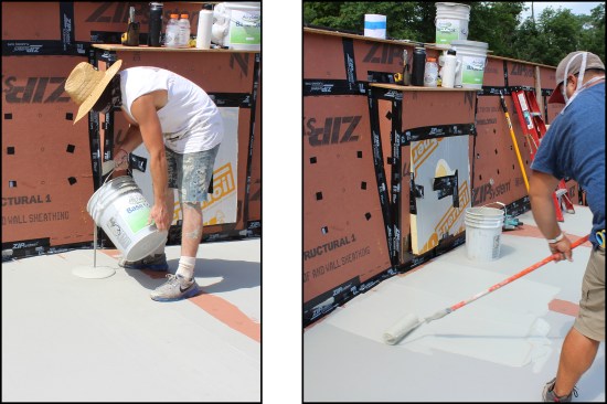 Zip tape was used to seal a roof-to-wall intersection (left). After spreading out the tack coat with a roller (right)ā¦