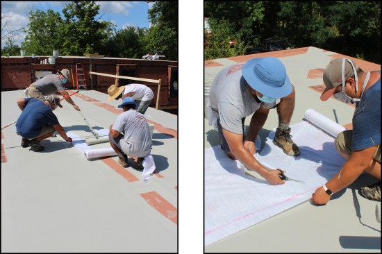Installing the fabric in weatherboard fashion is not critical. On this large roof, workers started the base-coat application in the center and worked toward the eaves in sections (left), allowing each section to dry before applying the adjacent one and lapping the fabric by 3 inches. The reinforcing mesh is trimmed at the āhipā juncture (right)ā¦