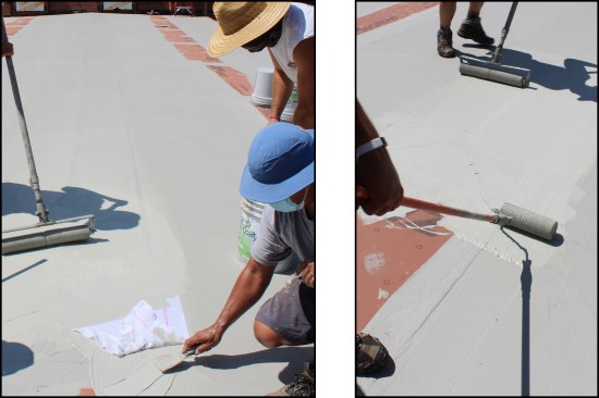 ā¦the base coat tooled with a hand trowel (left) and the point-shaped fabric set in the saturation coat (right).