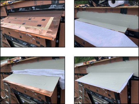 At the homeās mansard-style roof, the Acrylabs system is also applied to numerous small low-slope roofs located above the second-story windows. Here, a shallow 3-inch-wide dado is plowed in the sheathing with a power planer to avoid creating a āspeed bumpā of material that could cause ponding along the edge of the low-slope roof (top left)āthe main roofs were similarly power planed. The base coat with embedded reinforcing fabric is applied over the L-flashing at the wall (top right), then the top edge of the fabric is set, while base coat material is brushed over the sheathing and copper edge flashing (bottom left). The saturation coat is applied (bottom right) and later, the fabric-embedded base is trimmed to the drip edge with cut edges covered with additional reinforcing fabric and base coat to prevent delamination of the roof over time.