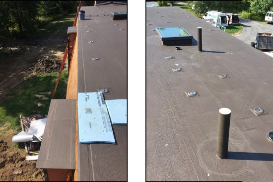 Solar mounts and other roof penetrations are easily flashed and integrated into the Acrylabs base coat with additional fabric and coating material prior to application of the two colored finish coats (left, right). The low-slope mansard roofs are similarly finished (left).