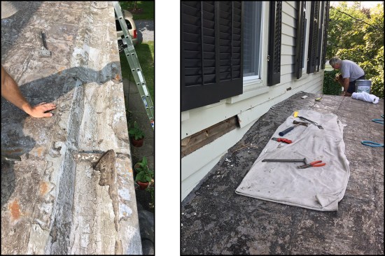To repair an existing flat-seam metal roof with a built-in gutter (left), workers first power-washed the roof, scraped it clean, and gained access to roof-to-wall flashing (right).