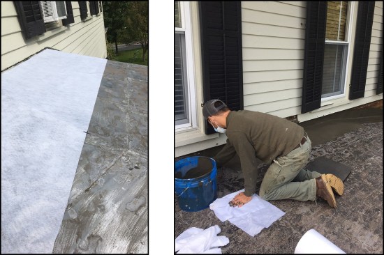 With the roof power-washed and scraped clean, the reinforcing fabric was laid out and precut to fit (left). Starting with the L-flashing at the wall (right), workers applied the base coat (leftover colored ļ¬nish coat from another project); the reinforcing fabric was later embedded in the tack coat smooth side up.