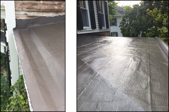 The base coat (with the embedded fabric) was applied over the entire roof, including the built-in gutters (left, right).