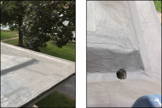 After completing the finish coats (left), workers cut out the hole for the gutterās downspout, flashing the cut edge with additional fabric and coating material to avoid delamination of the membrane (right).