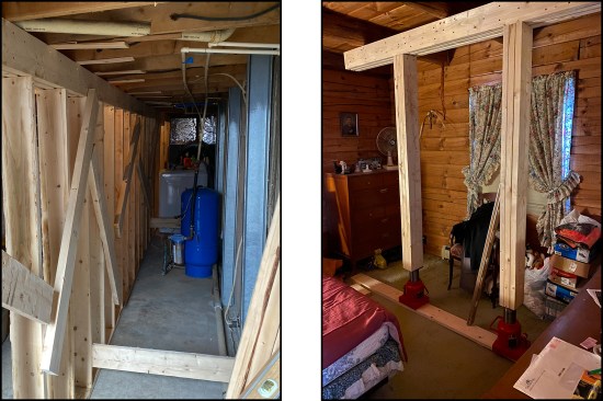Temporary 2x6 support walls were installed in the basement (left), then on the first floor (right). The supporting framework was designed around the client’s living space as best as possible (the homeowner “lived” in the house throughout the three-month-long rehab project). Here, 50-ton jacks were used to raise the existing framing about an 1/8 of an inch to set the temporary support walls (right).