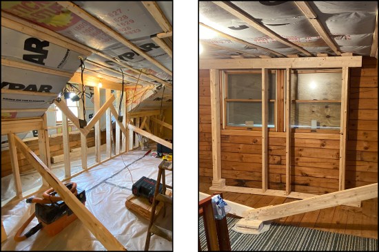 On the second floor, the temporary walls supporting the roof were installed similarly with 50-ton jacks, their top connection sloped to meet the home’s main and shed roofs (left). At the gable ends, the upper roof (and second-floor center girder, not shown) were supported by small sections of support wall running from the basement to the roof (right).
