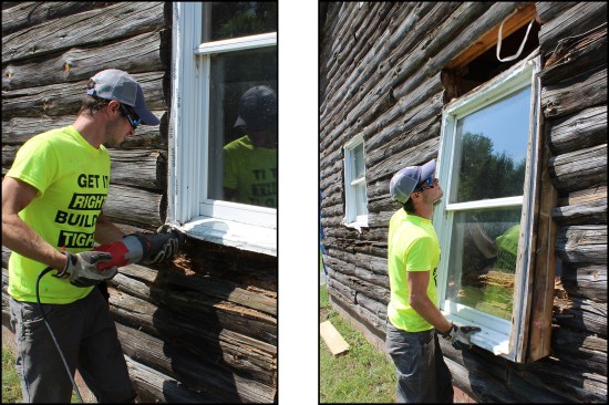 Overall, the outer 2 to 3 inches of the 8-inch-wide log walls were rotted, with the worst damage at sill locations (left). Most of the home’s existing flangeless windows were beyond the point of reuse (right); they were later replaced with new, mid-range-priced vinyl double hungs.