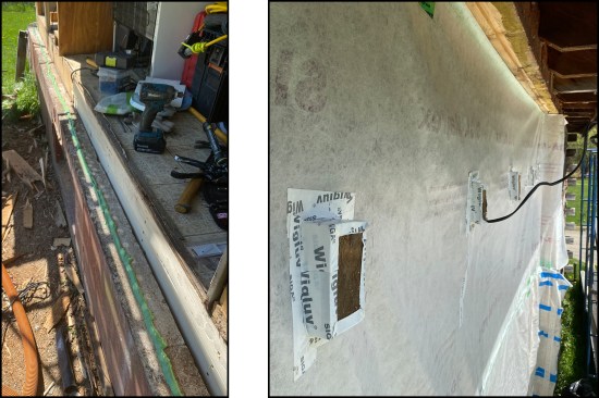 The new wall was built from the inside out, starting with a continuous bead of sealant applied to the top of the existing foundation (left). The vapor-control membrane was taped from the foundation up to an existing rough-sawn square top plate (right). The membrane was cut and sealed around existing log “joist” tenons, which were supported by a new 2x6 double top plate.