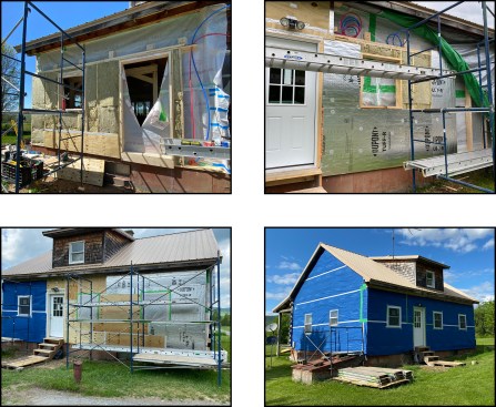 The replacement wall was pieced together from the inside out with the new wall components custom fit within the existing opening like a jigsaw puzzle (top left). The author worked his way down the rear south-facing wall in sections (top right; bottom left). Upon completion, he then removed and rebuilt the front bearing wall, finishing up with the east-facing gable end—the west-facing gable-end wall, shown here (bottom right), had been remediated a few years earlier by another contractor.