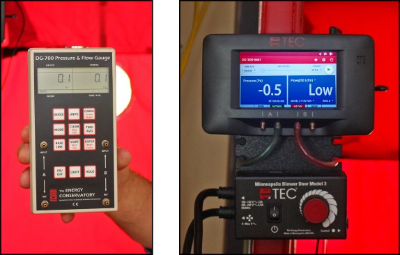 The author switched from using his old workhorse DG-700 model (left) to a DG-1000 (right), though he still uses the DG-700 for tests requiring multiple blower doors.