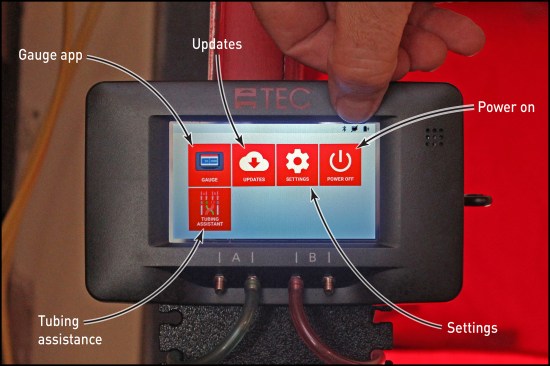 Large pictographs help users set up the manometer for testing. Here, the home screen shows the unit’s five primary apps. Tests can be launched from either the gauge app or the tubing assistance app.