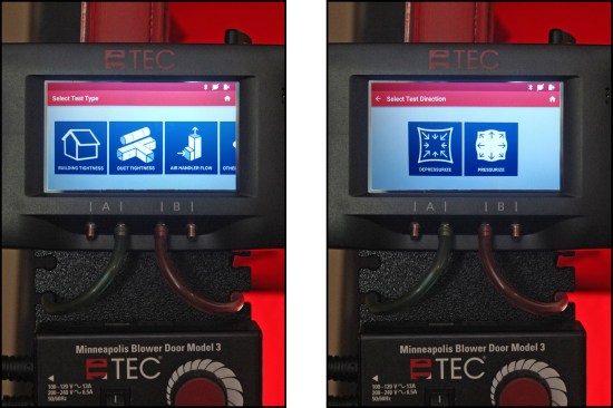 The tubing assistant tool guides the user through a series of pictograph prompts: Test type (left), whether testing for building tightness, duct tightness, and so on; test direction (right), if test requires pressurizing or depressurizing …