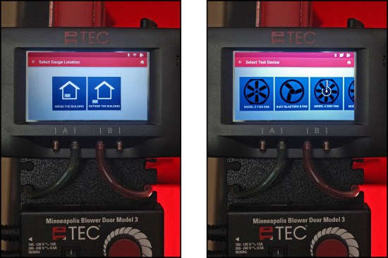 … pressure and flow gauge location (left), whether gauge is located inside or out the building; and test device (right)—typically TEC’s Model-3 fan.