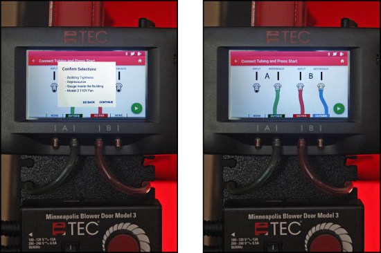 After the pictograph prompts, a “confirm selections” pop-up window appears (left); selecting “continue” reveals a graphic representation of the correct tubing setup (right). Pressing the green arrow button (the “launch with current configuration” button) takes the user to the gauge app.